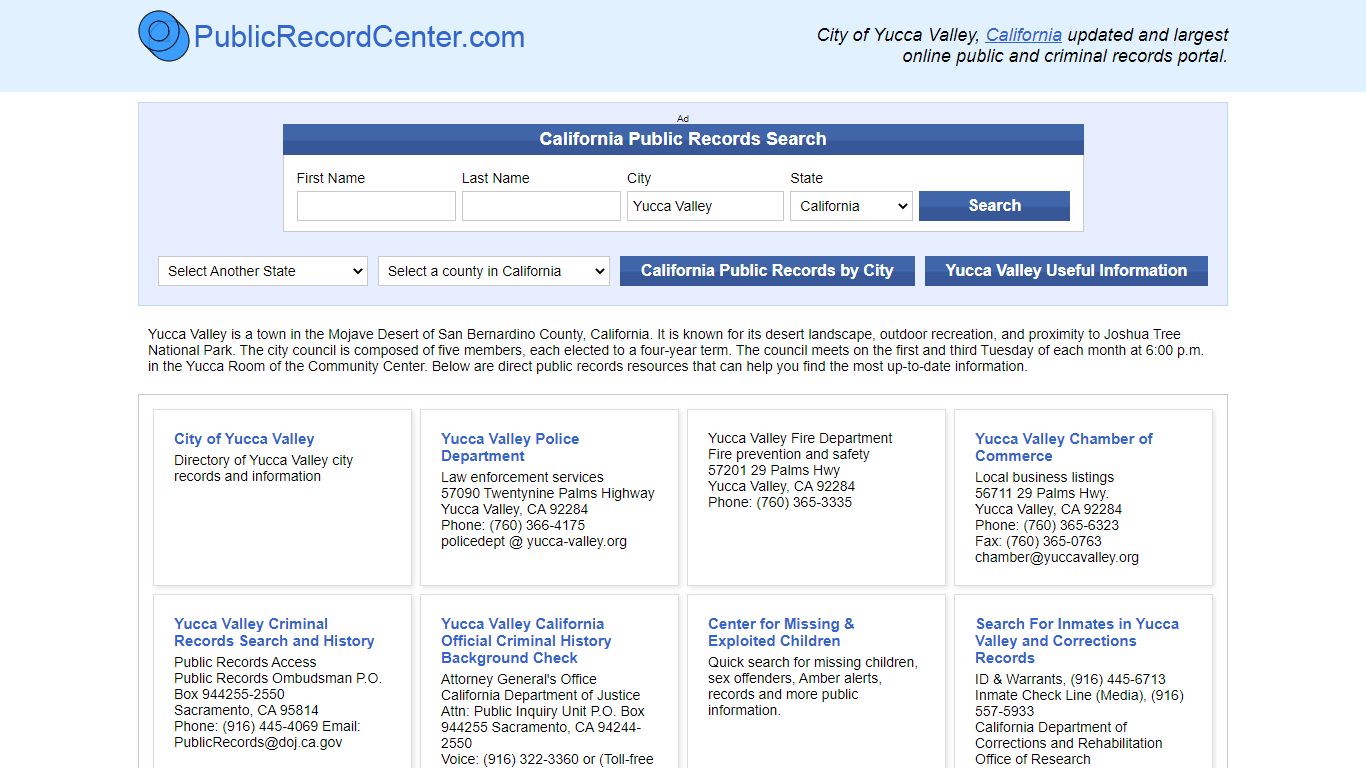 Yucca Valley, California Public Records and Criminal Background Check
